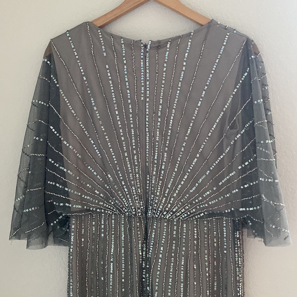 Adrianna Papell Silver Sequined V-Neck Flutter Sleeve Evening Gown - Picture 8 of 16